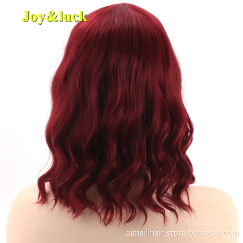 Ladies Wholesale Prices Wig With Bangs Cosplay Shoulder Length Bobo Hairstyle Natural Water Wave Copper Red Synthetic Hair Wigs